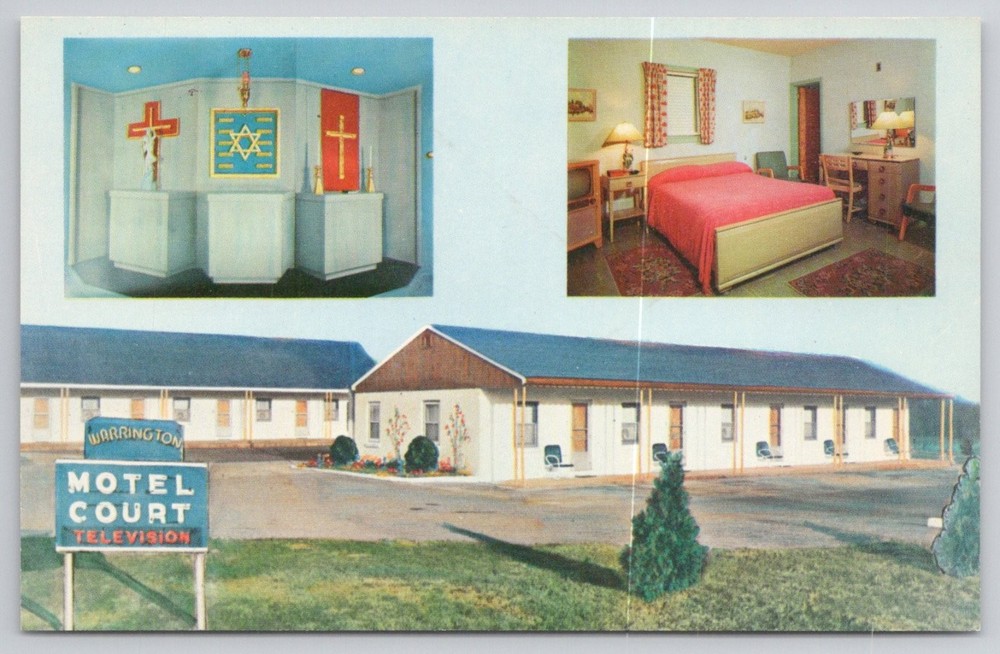 Warrington Motel Court PA Postcard Inter-Faith Chapel Diner Room Vintage