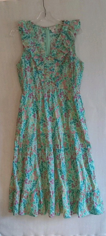 J. Crew V-Neck Smocked Tiered Midi Dress Sz 6 Mint Green Floral Cottage BQ045