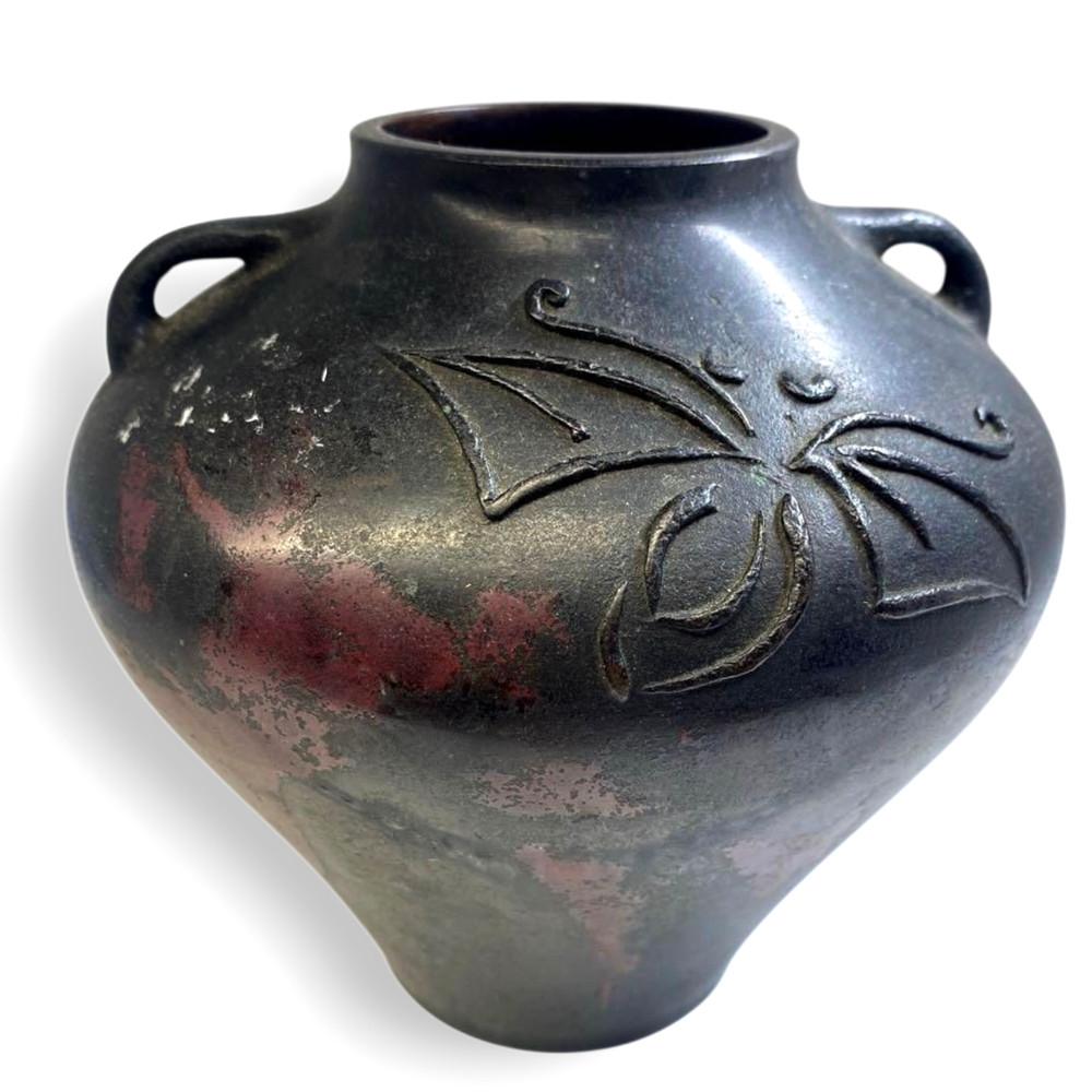 Japanese Bronze Vase Vintage Metal Flower Jar Vessel Butterfly Sculpture 5.3 in