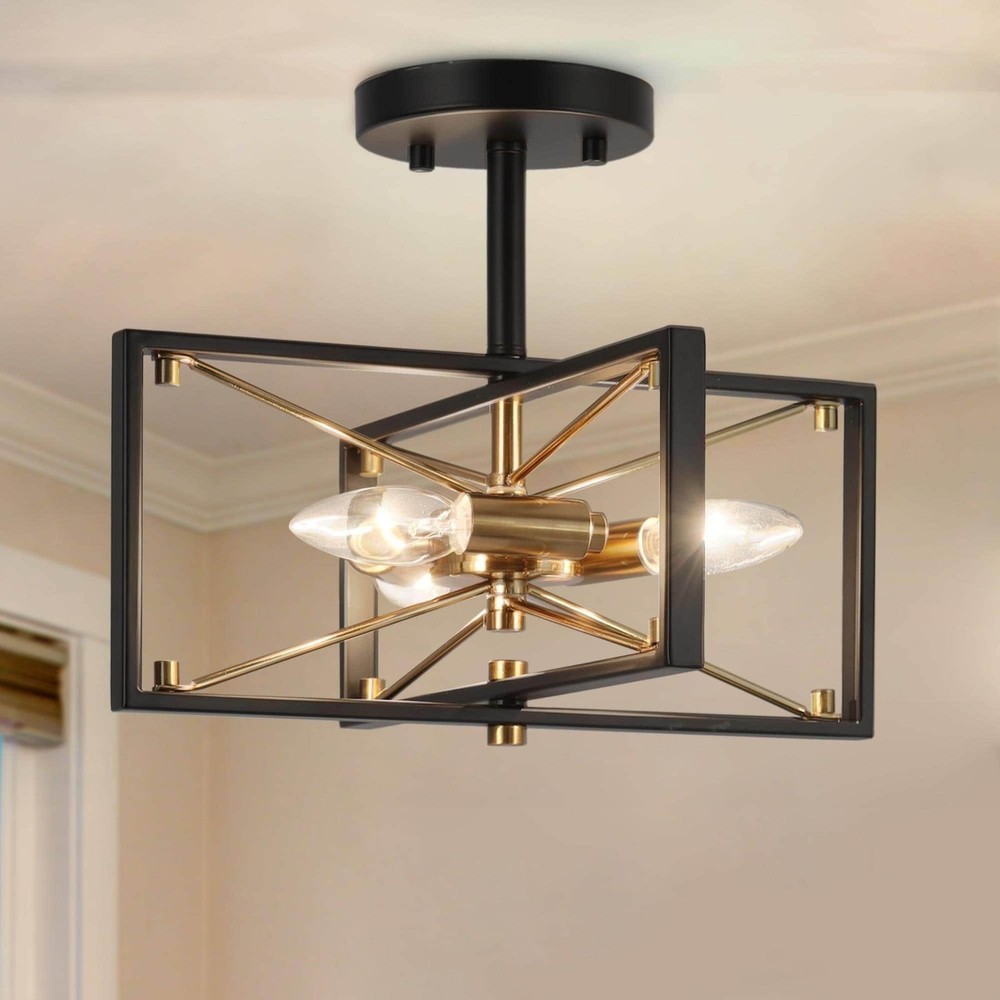 Modern Black Gold 3-Light Sputnik Semi-Flush Mount Ceiling Light Fixture