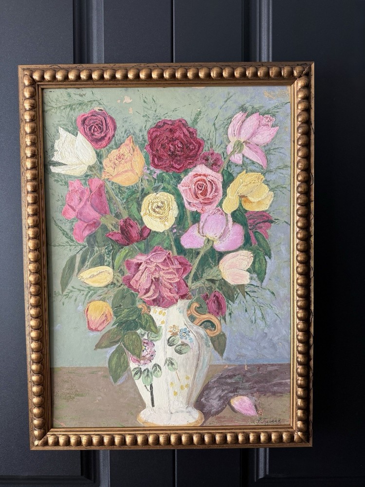 1934 Floral Still Life Painting Signed Oil on Board Framed Vintage Bouquet