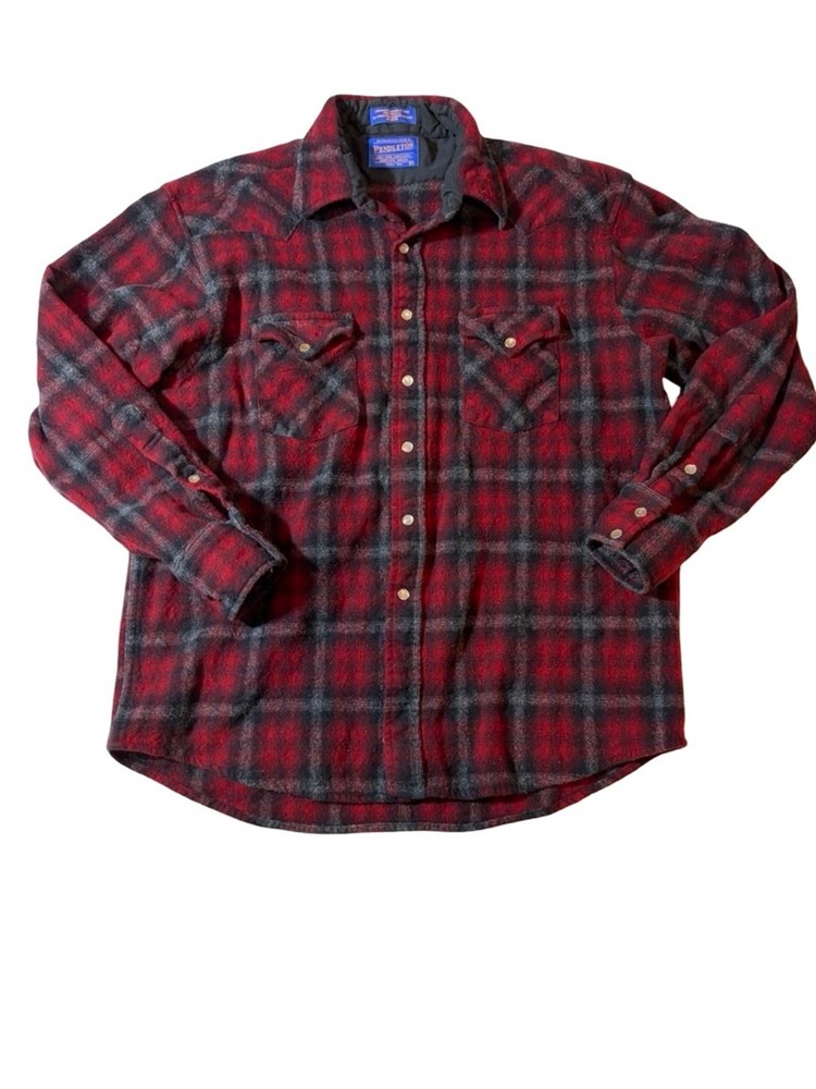 Pendleton Wool Western Pearl Snap Plaid Shirt Red Black XL