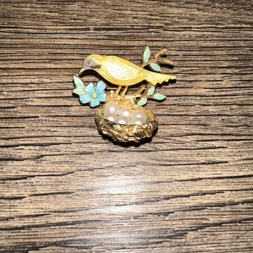 Antique Art Deco Bird Swallow Guilloche Enamel Metal Brooch Pin