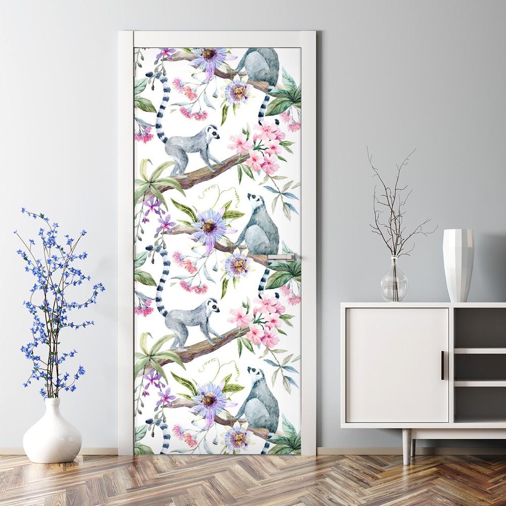 Tropical wildlife Animals Adhesive Door sticker Floral green mural Self Adhesive