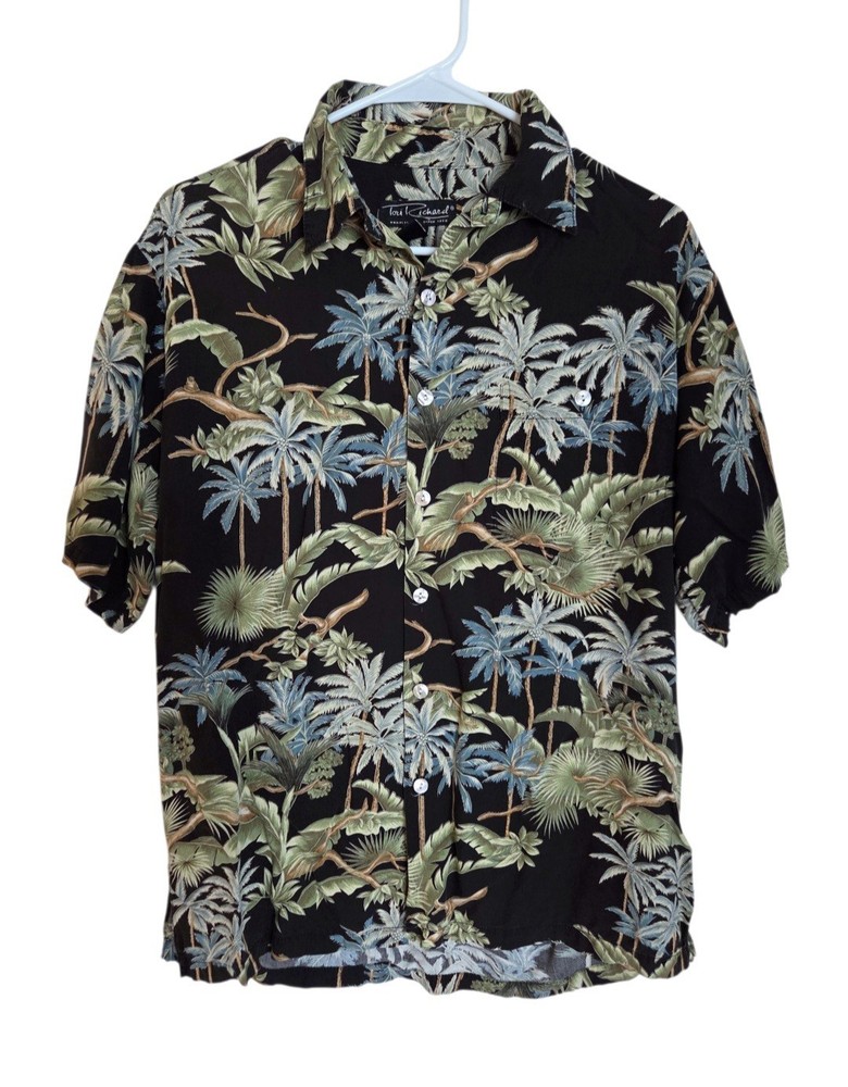 Tori Richard Hawaiian Button Down Shirt Mens Small Palm Trees Black Green Resort