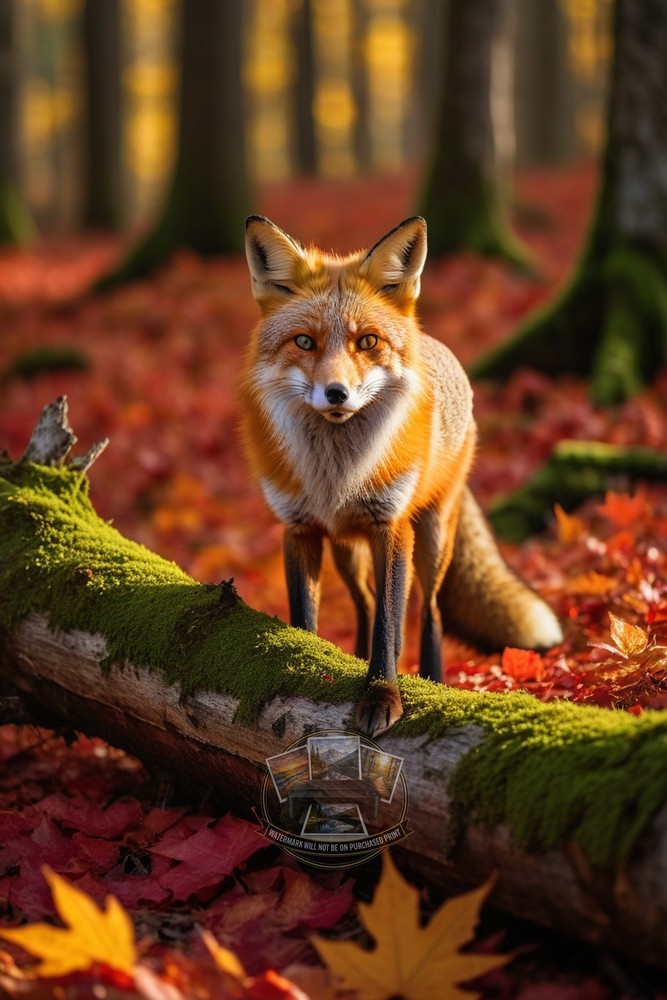 Red Fox Autumn Forest Wildlife Vivid Orange Fur Mossy Log Wall 4x6 Fantasy Photo