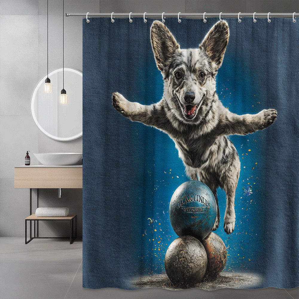 Corgi Shower Curtain Blue Dog Ball Graphic Print