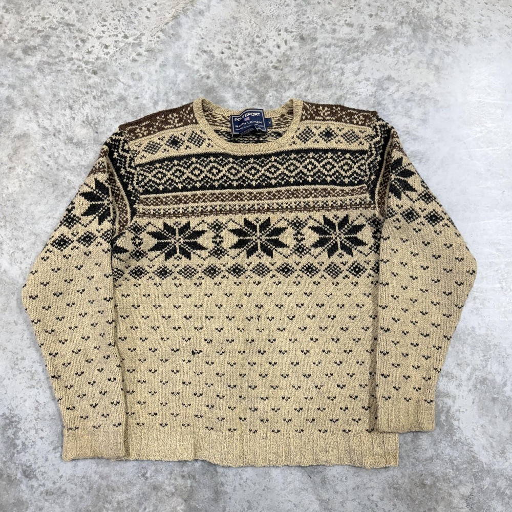 Vintage Polo Sport Ralph Lauren Sweater Mens Medium Beige Fair Isle Wool Ski 90s