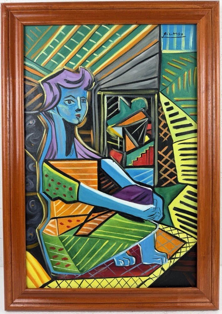 Pablo Picasso (Handmade) Oil On Canvas Signed & Stamped Framed Painting, Vtg Art
