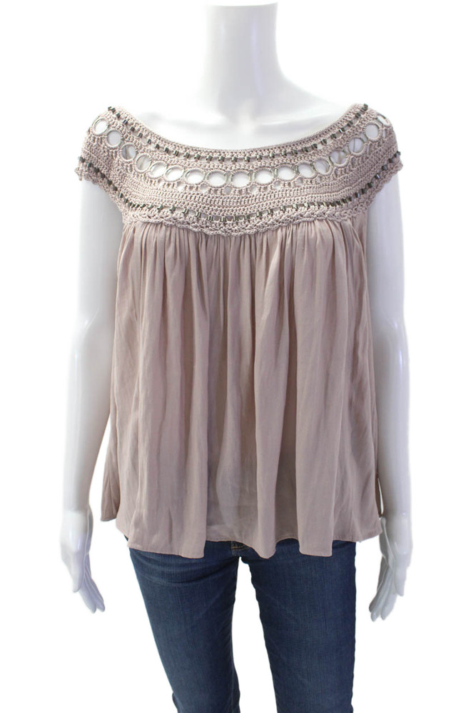 Free People Women Tunic Blouse Beige Sleeveless Round Neck Rayon Size SFree Shipping in US $100+ Orders | $6.95 Orders Below