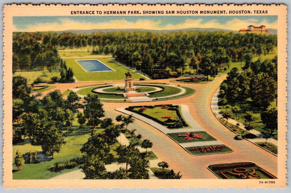 Vtg Linen Postcard Sam Monument Entrance Houston, TX 1930s
