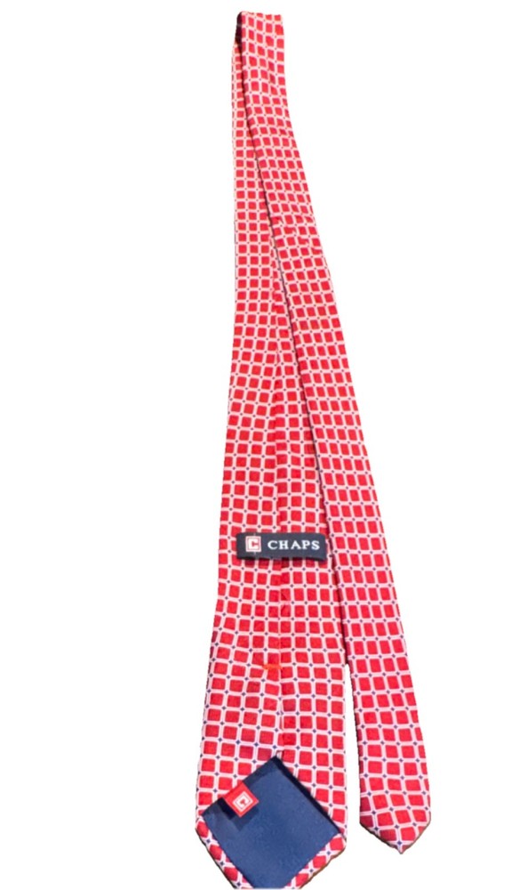 Chaps Men's 100% Silk Tie Red White Blue Geometric Pattern Handmade