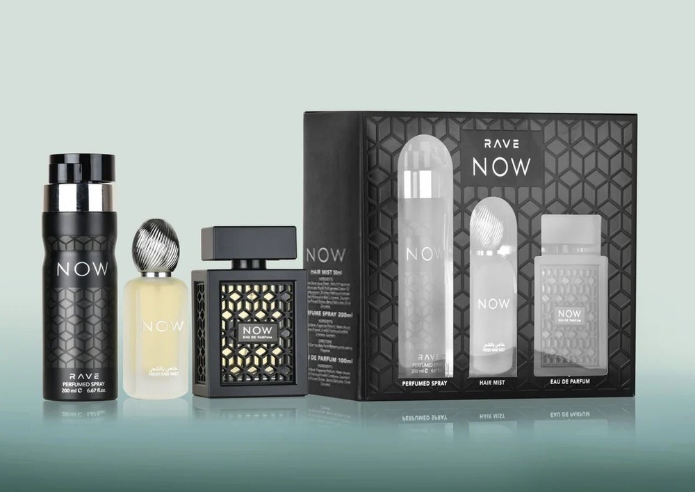 Rave Now Black By Lattafa Gift 🎁 Set3.4 Edp + 200 Ml Body Spray + 50 Hair Mist