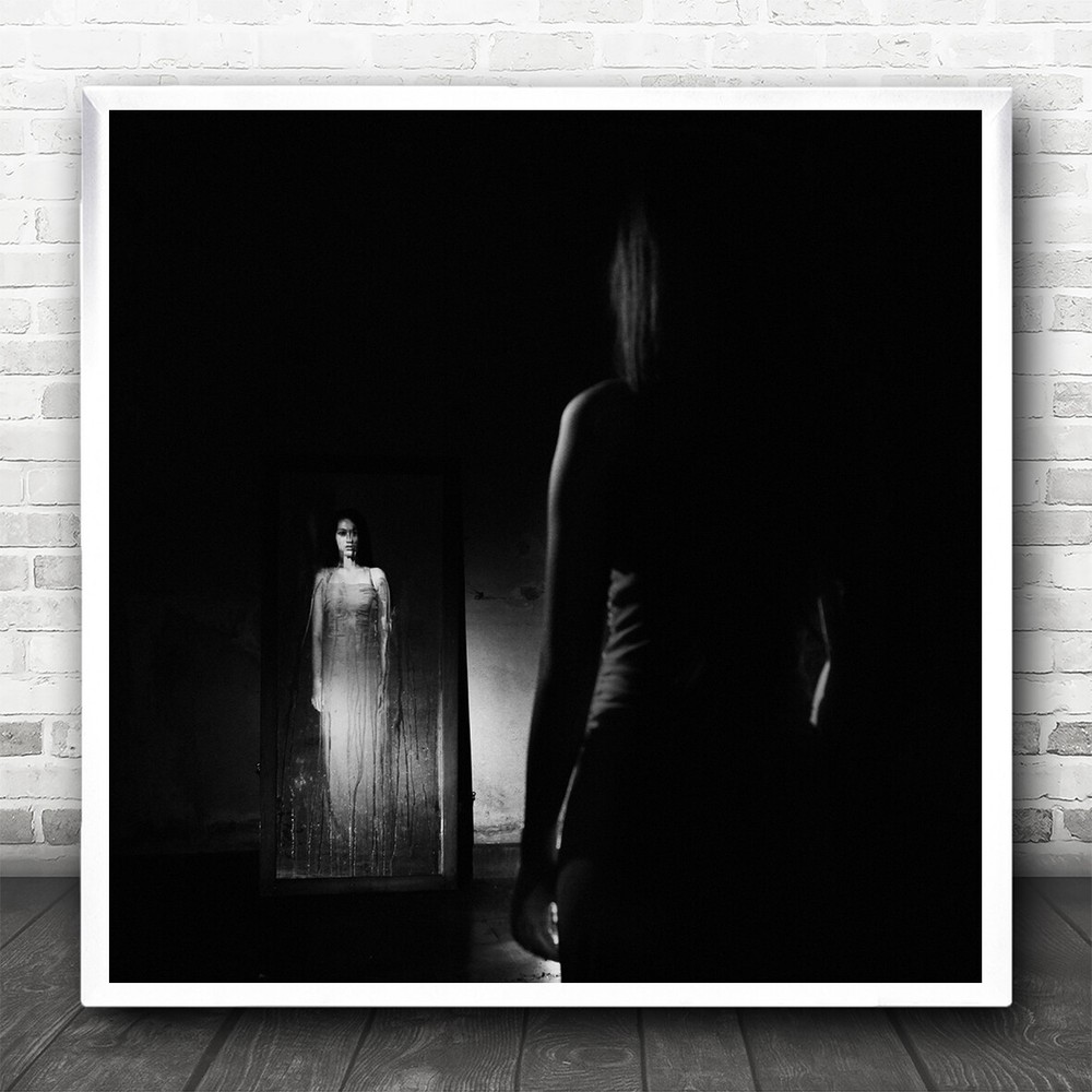 Portrait Dark Mirror Reflection B&W Self Model Person Glance Look Square Print