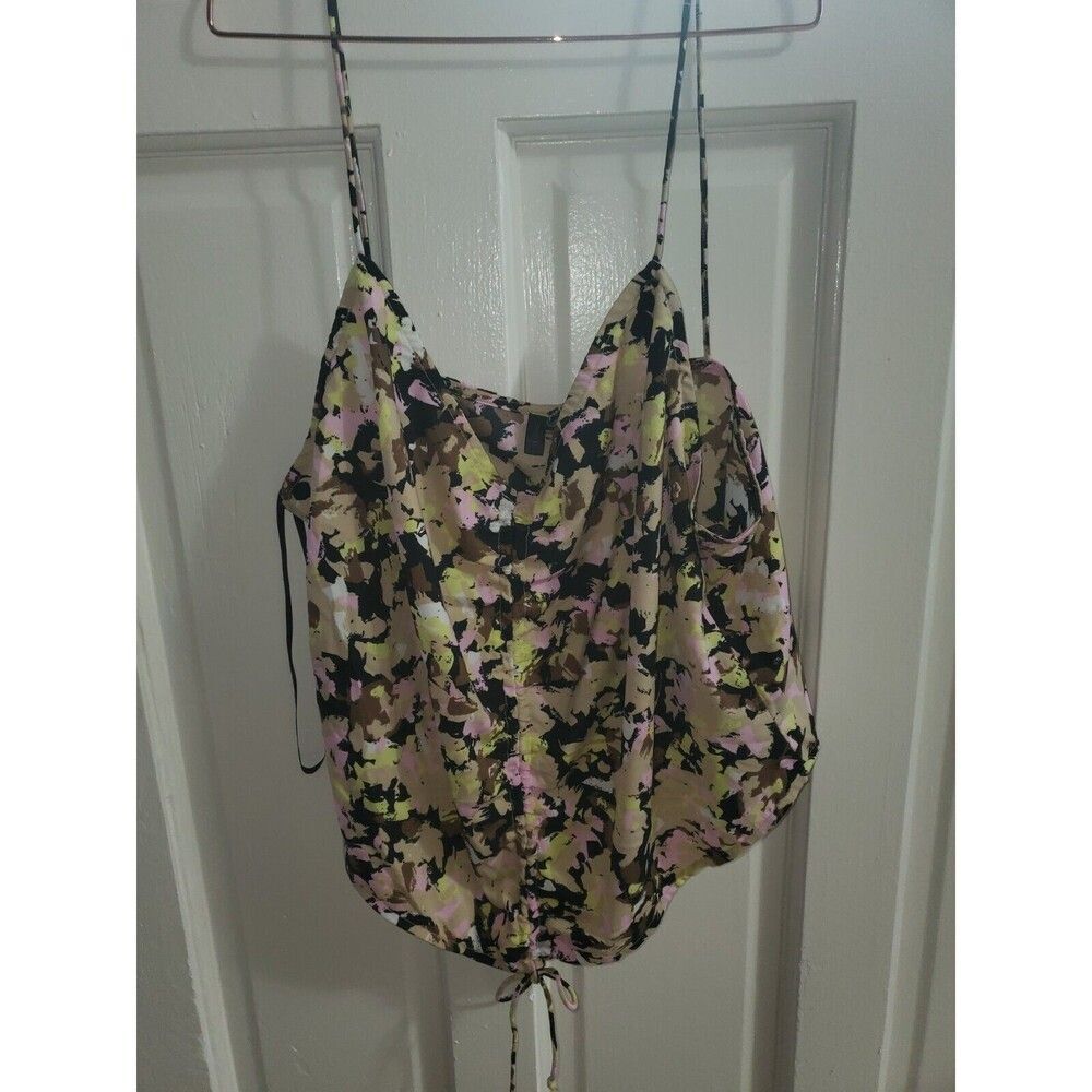 Floral Camo Print Spaghetti Strap Cami Top Drawstring Hem Summer Blouse XL