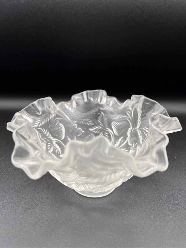 Vintage Fenton Glass Clear Frosted Satin Matte Strawberry Ruffled Edge Bowl