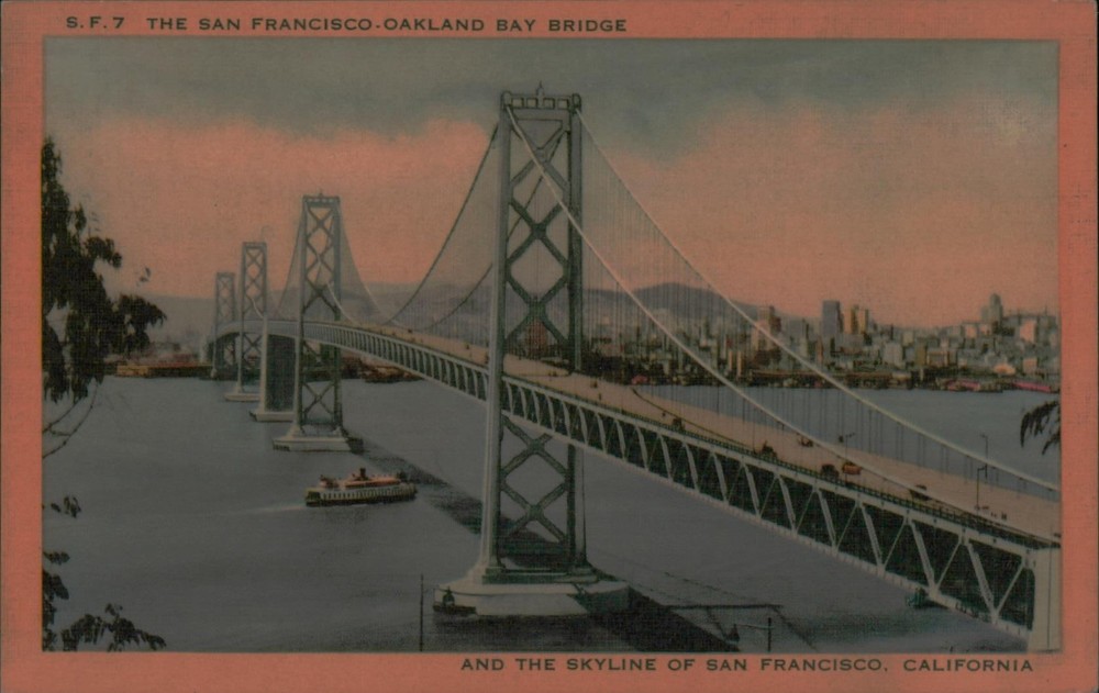 San Francisco Oakland Bay Bridge Postcard Linen SF7 Skyline Vintage Unposted