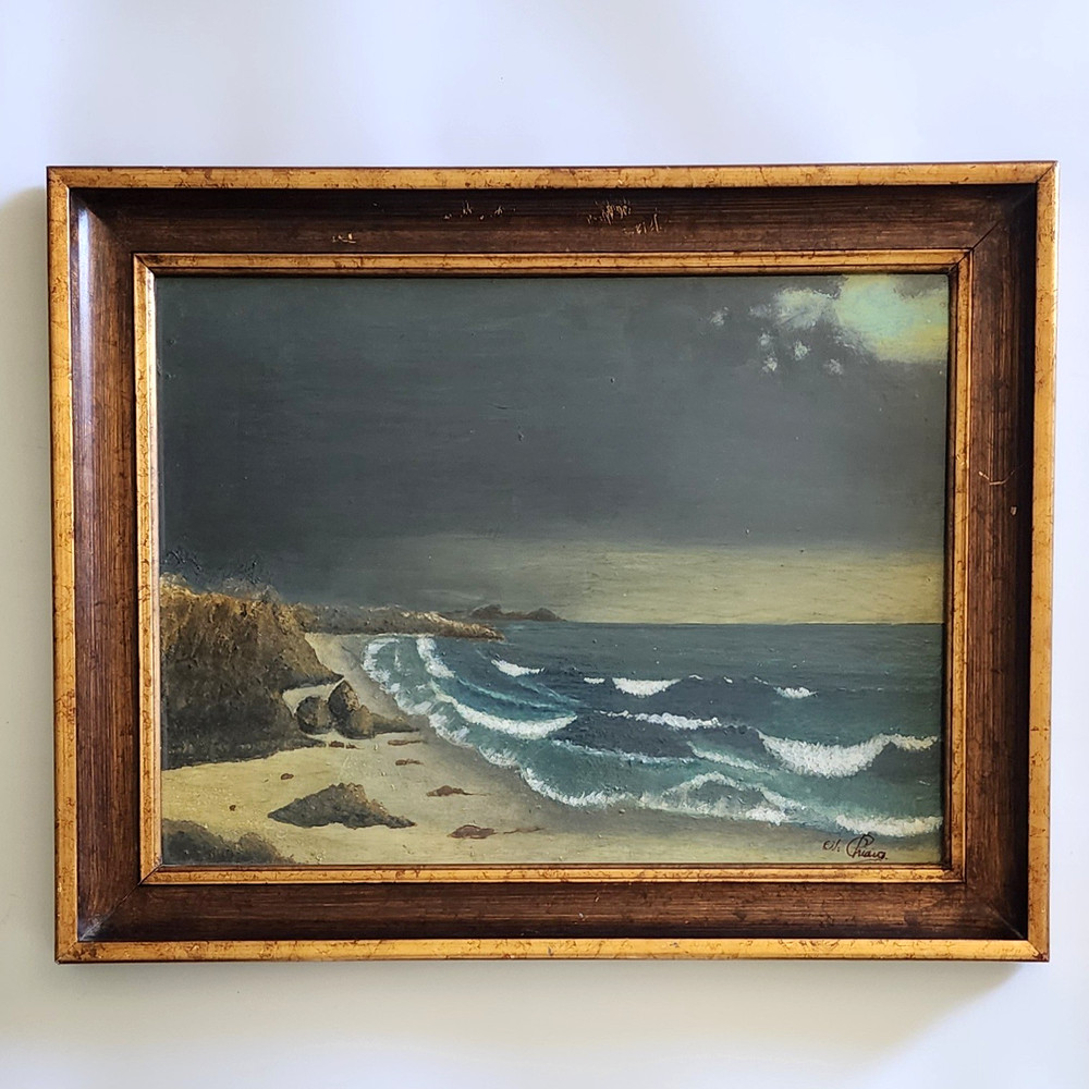 Signed Vintage Seascape Oil Painting 30x24 Stormy Beach Heade Style Framed Art