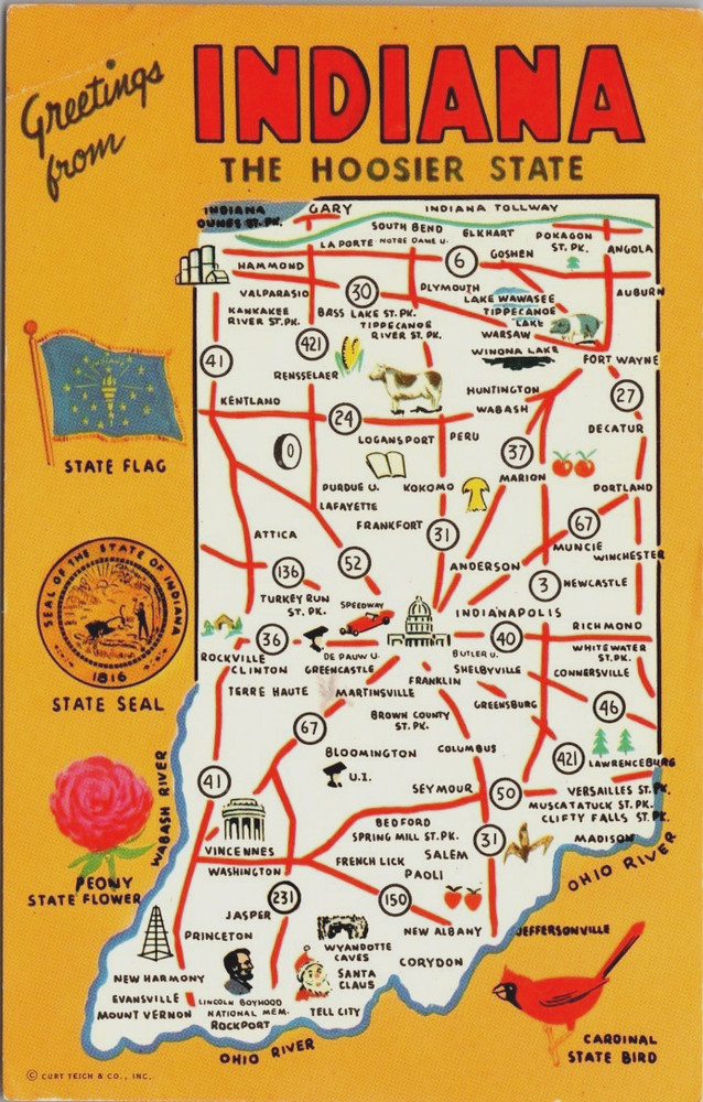Greetings Indiana State Map, Flag, Seal, Flower, Bird Postcard