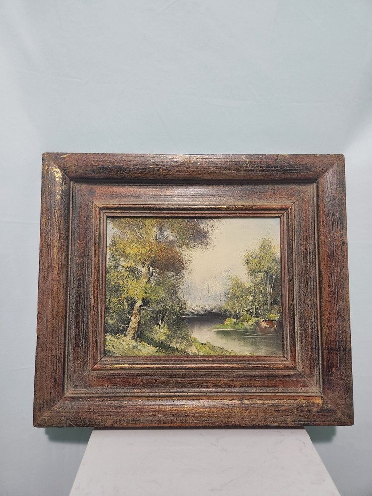 Vintage 1989 Original Canvas Landscape River Trees Wood Framed Painting.