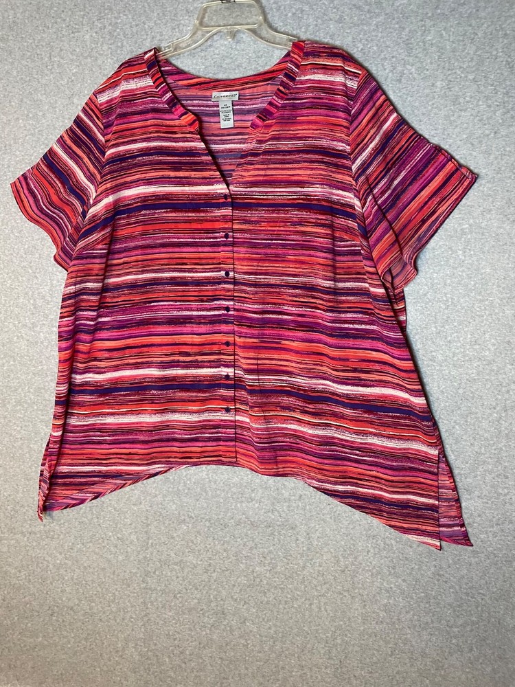 Catherines Button Up Top Womens 3X Short Sleeve Pink Striped Asymmetrical Hem