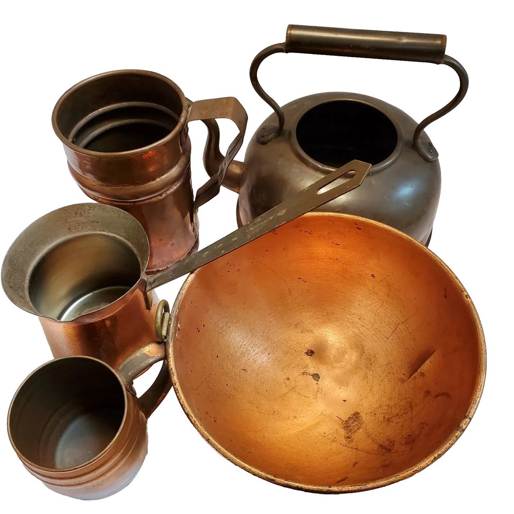 Vintage Lot Of Copper Tea Kettle Bowl Stein Mug Saucepan