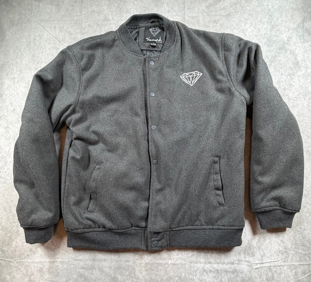 Diamond Supply Co Varsity Bomber Jacket Mens L Gray Quilted Lined Snap