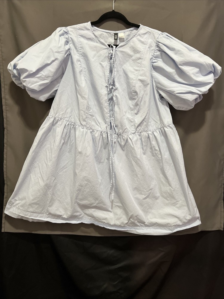 NEW H&M White Short Puff Sleeve Lace Up Crew Neck Mini A Line Dress Size XL