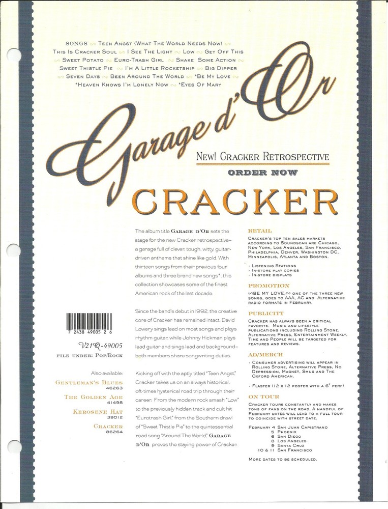 CRACKER Rare VINTAGE 2000 PROMO TRADE AD Poster for Garage MINT 8.5x11