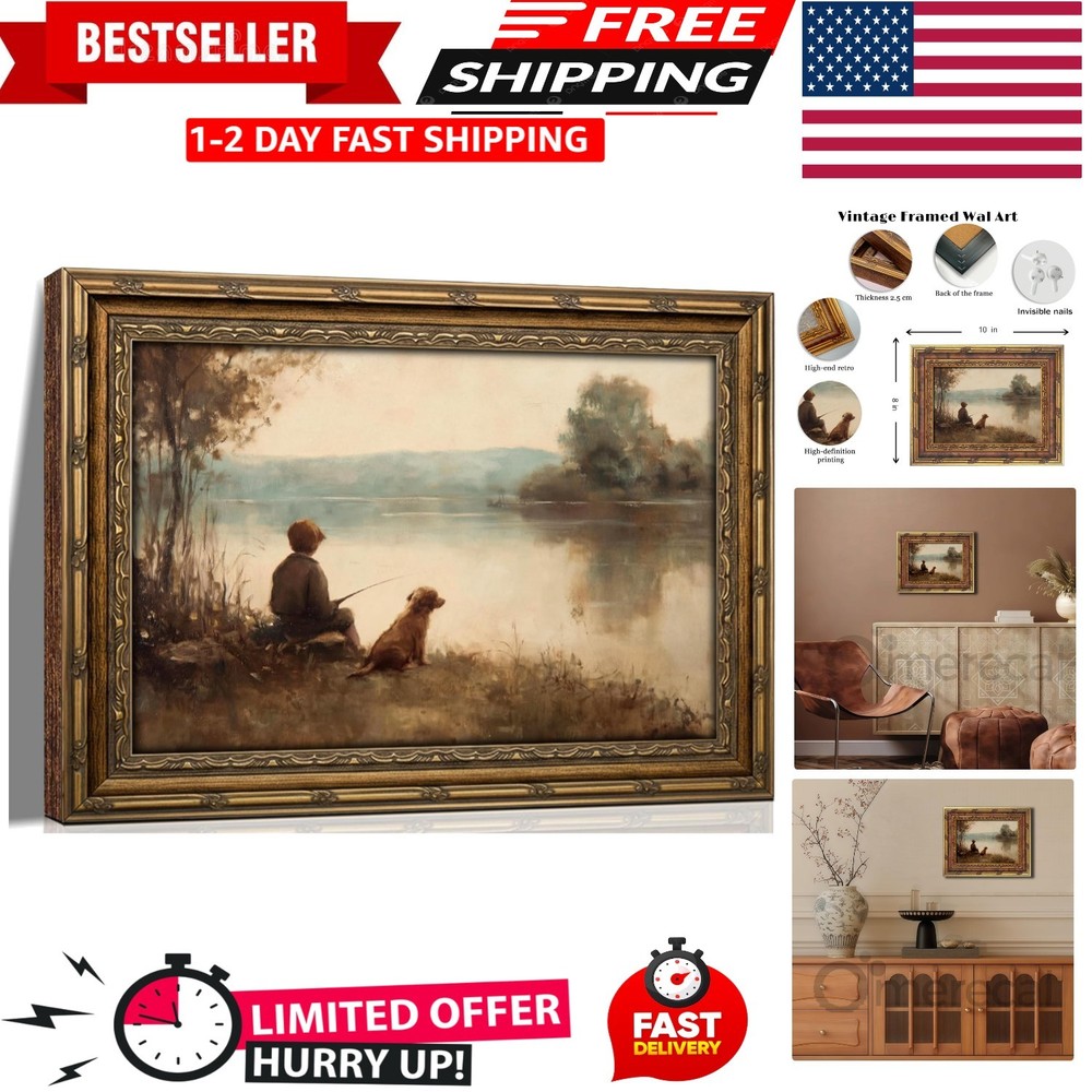 Vintage Gold Framed Wall Art Boy Fishing Country Painting Picture Peaceful Lake