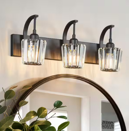 3-Light Crystal Vanity Light Black K9 Bathroom Over Mirror Sconce Dimmable 24in