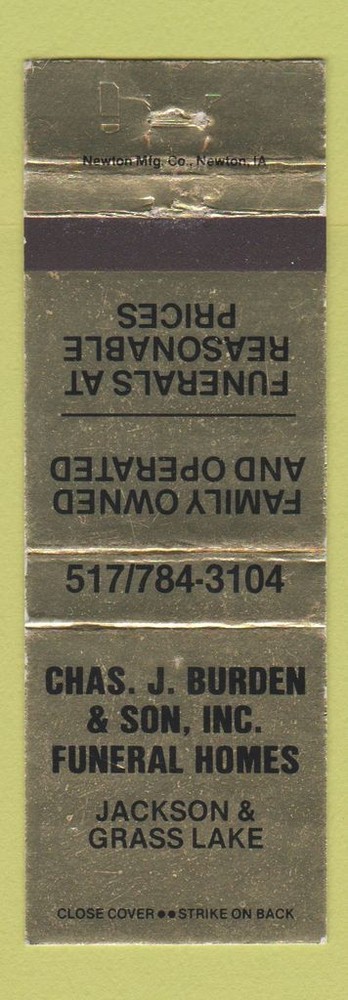 Matchbook Cover - Chas Burden Son Funeral Home Jackson Grass Lake MI WEAR