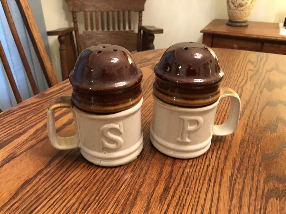 Vintage Chunky Stoneware Brown & Tan Salt Pepper Shakers with Handles
