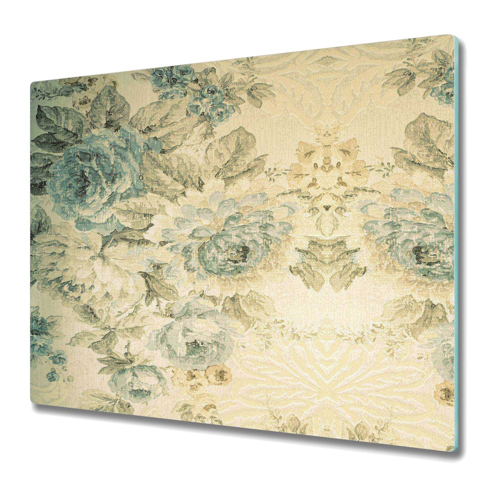 Tempered Glass Worktop Saver Woven vintage flowers blue yellow 60x52