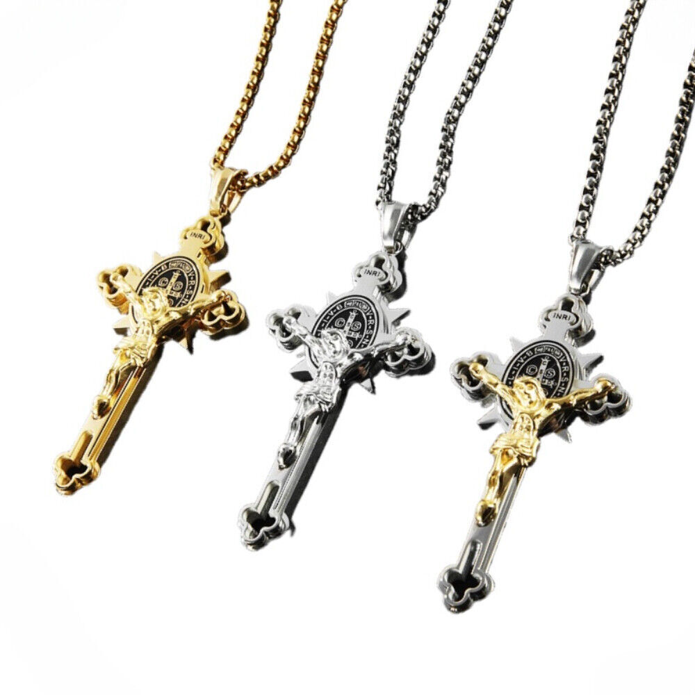 Religion Stainless Steel Saint St St. Benedict Crucifix Cross Pendant Necklace