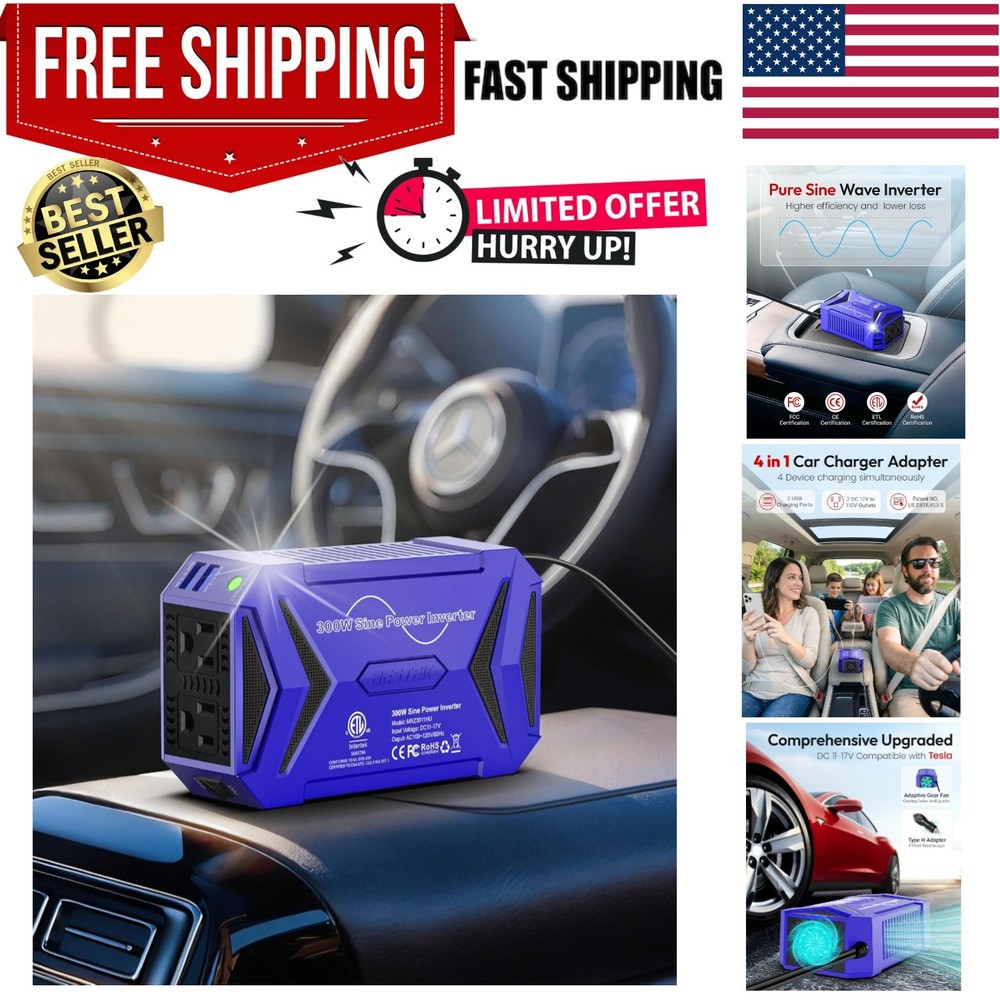 Pure Sine Wave Power Inverter - 300W Car Plug in Charger Outlet DC 12V to 110...