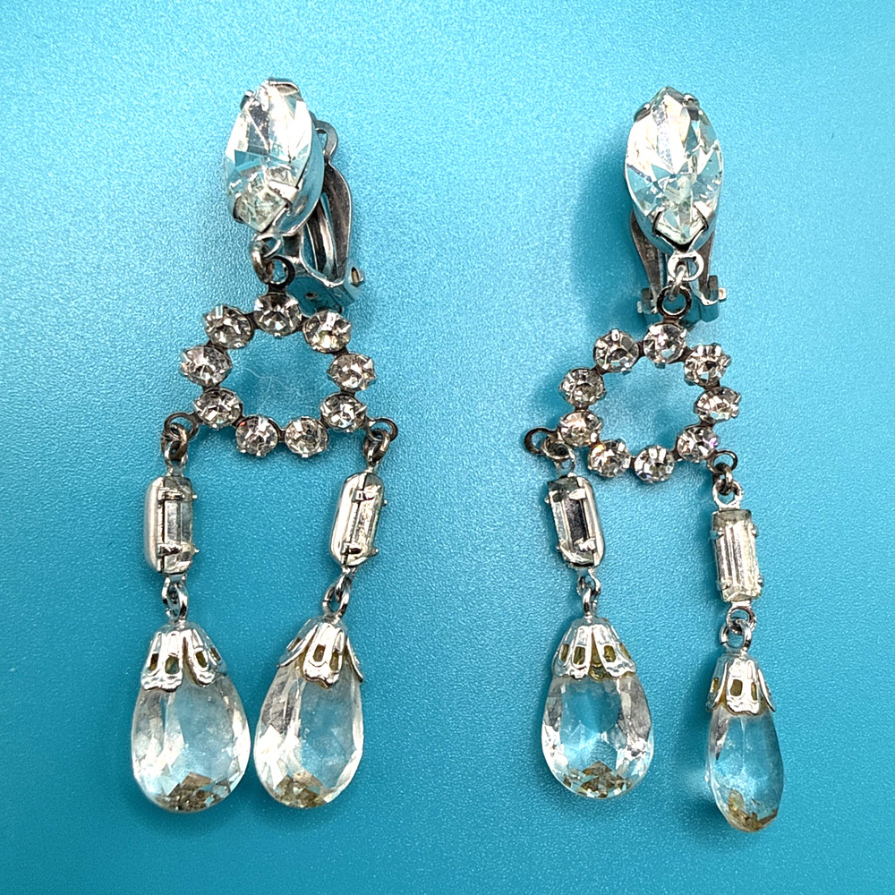 Vintage Lewis Segal California Rhinestone Chandelier Clip On Earrings Crystal