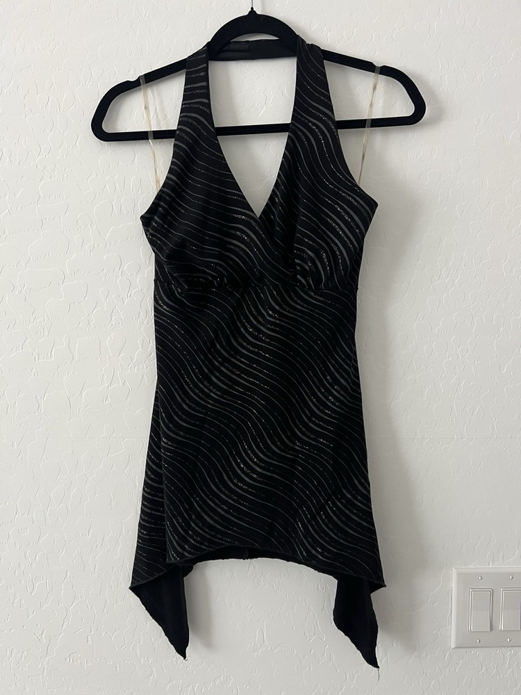 Charlotte Russe Halter Top Black Striped Glitter Handkerchief Hem Vintage Y2K
