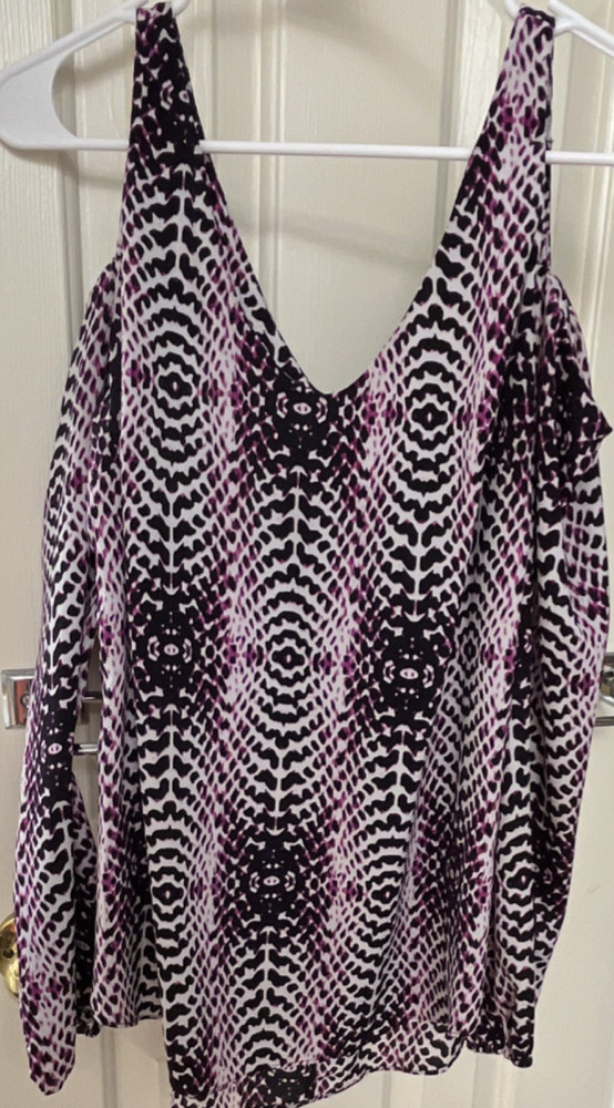 Worthington Women's Geometric V-Neck Long Sleeve Top Black White Purple Size S