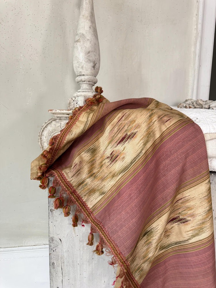 50x23 1900 French Jacquard Ikat Silk Cotton Pink Moiré Flowers Chateau Decor Ru