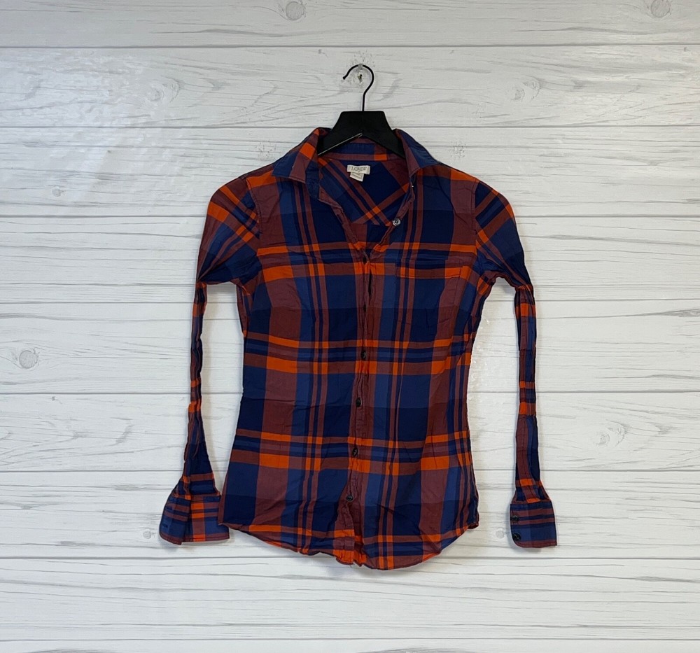 J Crew plaid shirt womens size XXS blue button up long sleeve fitted