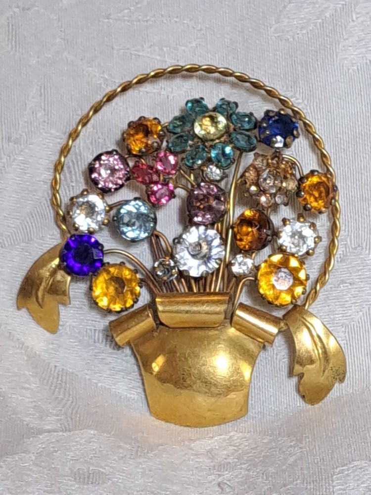 Vintage 40's Signed Vogue Rare Huge Flower Basket  Rhinestone (One Glows) Brooch