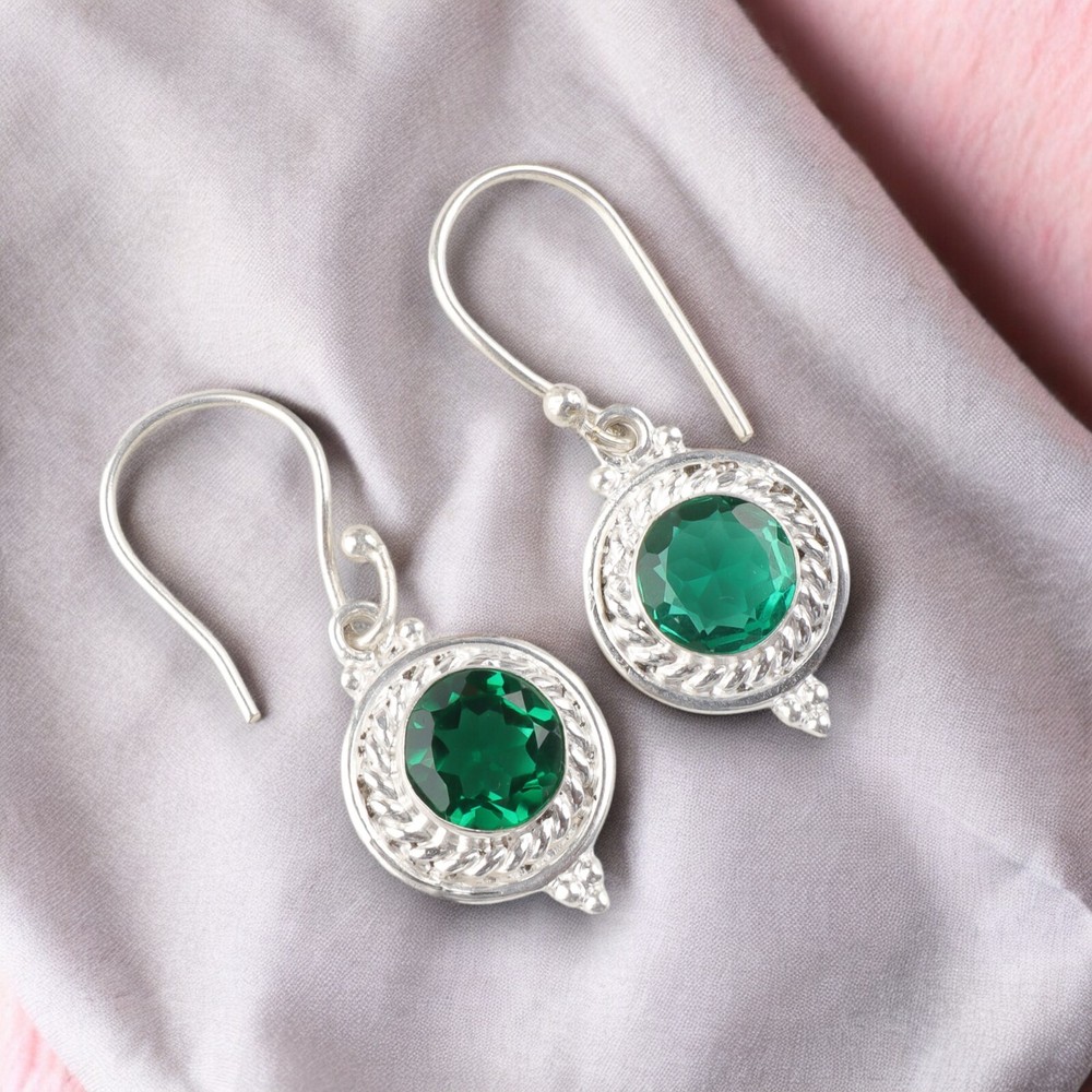 Green Emerald Gemstone Sterling Silver Dangle Drop Hook Boho Minimalist Earrings