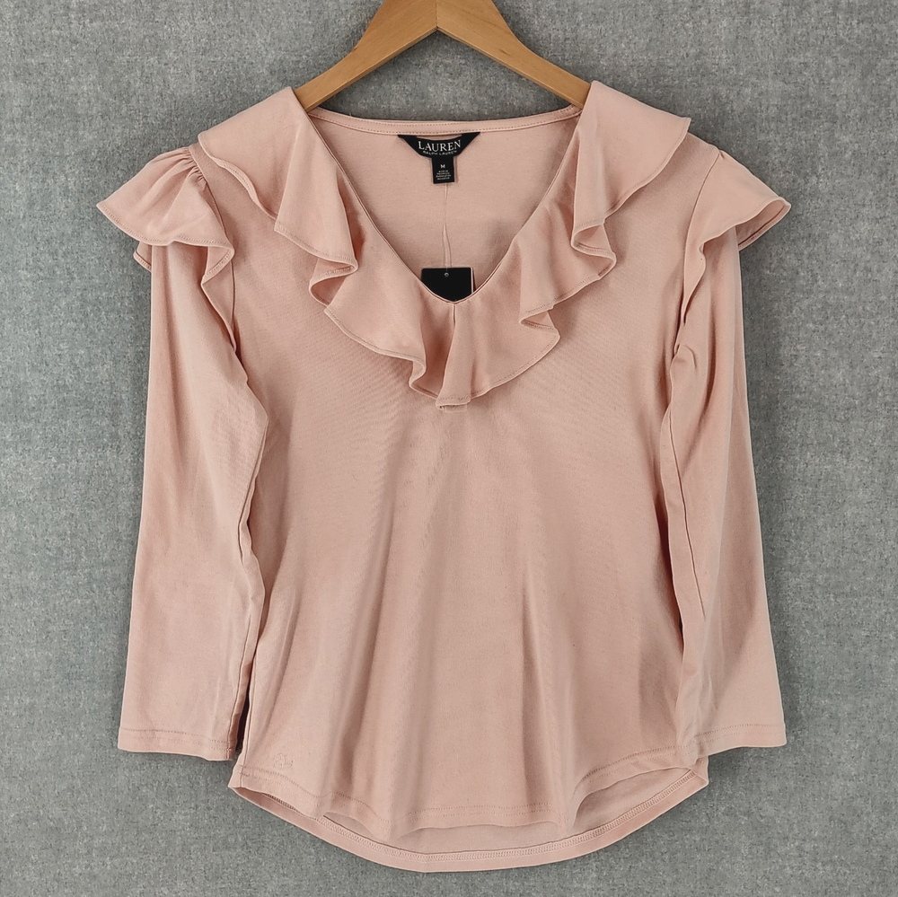 Ralph Lauren LRL Top Womens Medium Pale Pink Black Label Cotton Ruffle V-neck