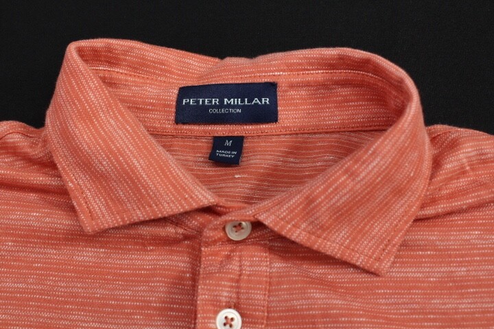 Peter Millar Polo Shirt Men Medium Short Sleeve Orange Stripe Cotton Casual Golf