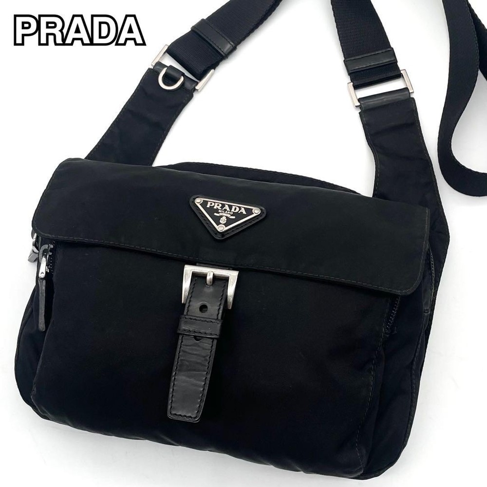 Prada Black Nylon Leather Shoulder Bag with Triangle Logo