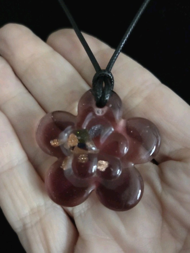 Large Vintage Blown Glass Art Pendant on Leather Necklace Purple Speckled Flower