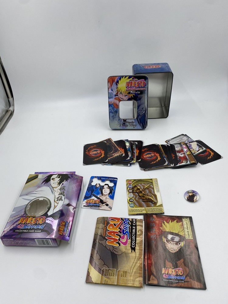 Naruto Mixed Item Lot Button Pin, Collectible Empty Tin, Random Cards in Box
