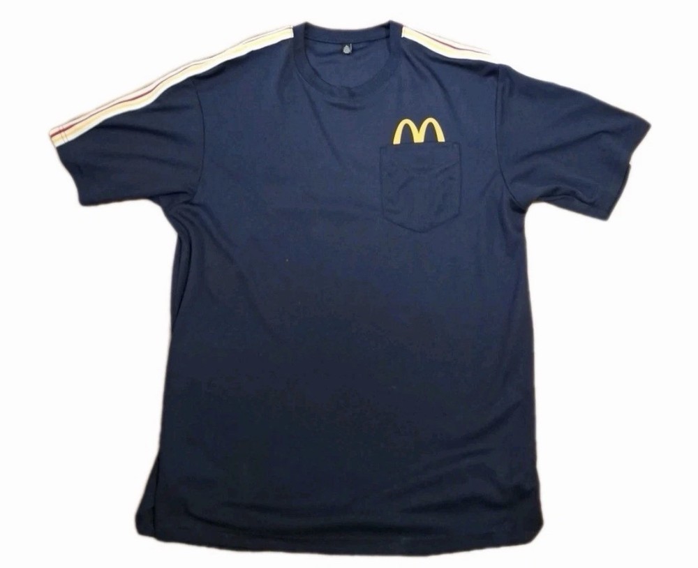 McDonalds Employee Uniform T-Shirt Navy Blue Pocket Logo Mens Large Striped Arch
