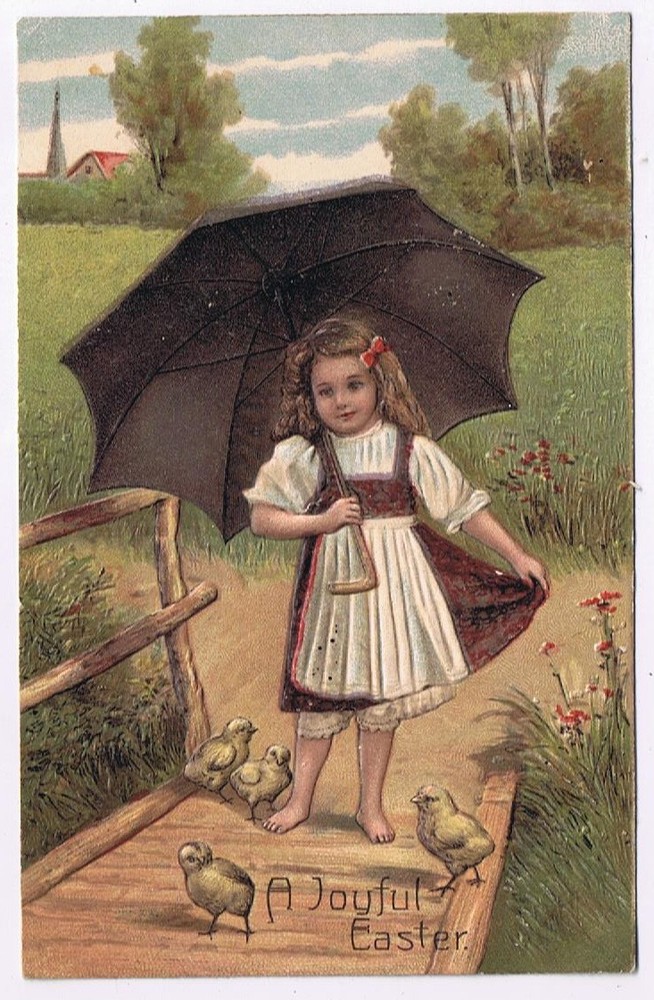 Postcard Embossed Joyful Easter Girl Umbrella Chicks
